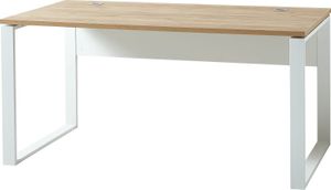 Schreibtisch in Weiß mit Kufenfußgestell und integriertem Kabelmanagement
